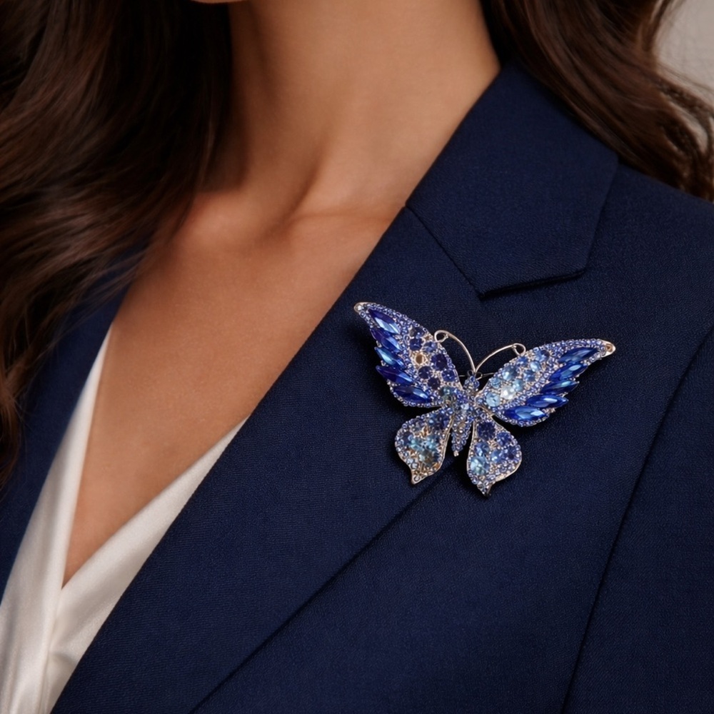 Elegant Blue Butterfly Crystal Brooch - Women Jewelry Large